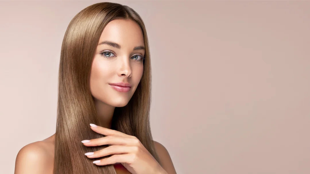 A beautiful woman with long, straight hair, exuding elegance and confidence in a serene setting.