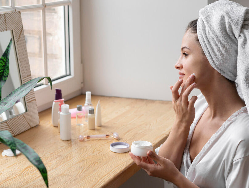 Woman applying face cream during a daily skin care routine at home